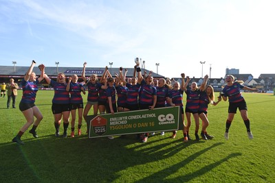 060525 - Ysgol Cwm Rhymni v Ysgol Bro Dur - Girls Schools U16s Cup Final - Ysgol Bro Dur celebrate lifting the trophy