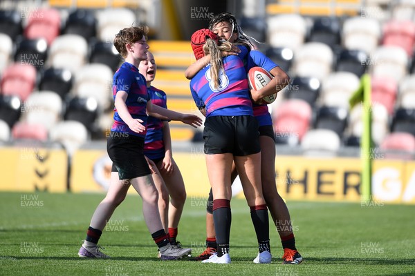 060525 - Ysgol Cwm Rhymni v Ysgol Bro Dur - Girls Schools U16s Cup Final - Mali Walker Hunt of Ysgol Bro Dur celebrates scoring a try with team mates