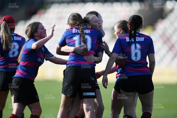 060525 - Ysgol Cwm Rhymni v Ysgol Bro Dur - Girls Schools U16s Cup Final - Milli Jenckins of Ysgol Bro Dur celebrates scoring a try with team mates