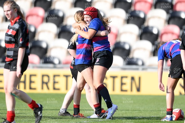 060525 - Ysgol Cwm Rhymni v Ysgol Bro Dur - Girls Schools U16s Cup Final - Mali Jones of Ysgol Bro Dur celebrates scoring a try with team mates