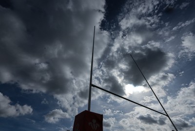 011025 - Ysgol Gyfun Gymraeg Glantaf v Coleg Gwent, WRU Welsh Schools & Colleges league - A general view of rugby post against a dramatic sky
