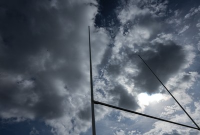 011025 - Ysgol Gyfun Gymraeg Glantaf v Coleg Gwent, WRU Welsh Schools & Colleges league - A general view of rugby post against a dramatic sky