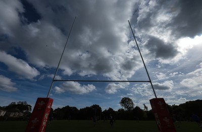 011025 - Ysgol Gyfun Gymraeg Glantaf v Coleg Gwent, WRU Welsh Schools & Colleges league - A general view of rugby post against a dramatic sky