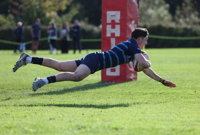 011025 - Ysgol Gyfun Gymraeg Glantaf v Coleg Gwent, WRU Welsh Schools & Colleges league - Evan Jones of Ysgol Glantaf races away to score try