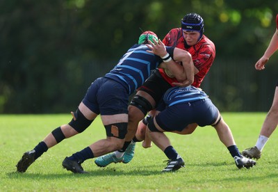 011025 - Ysgol Gyfun Gymraeg Glantaf v Coleg Gwent, WRU Welsh Schools & Colleges league - Jake Shepperd of Coleg Gwent takes on Alfie Prygodzicz of Ysgol Glantaf