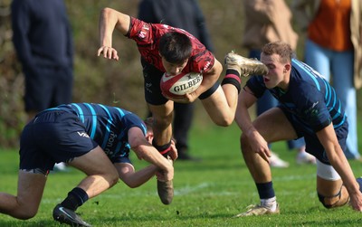 011025 - Ysgol Gyfun Gymraeg Glantaf v Coleg Gwent, WRU Welsh Schools & Colleges league - Elliot Williams of Coleg Gwent is tackled