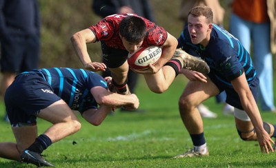 011025 - Ysgol Gyfun Gymraeg Glantaf v Coleg Gwent, WRU Welsh Schools & Colleges league - Elliot Williams of Coleg Gwent is tackled