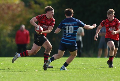 011025 - Ysgol Gyfun Gymraeg Glantaf v Coleg Gwent, WRU Welsh Schools & Colleges league - Tegwyn Mahoney of Coleg Gwent takes on Evan Jones of Ysgol Glantaf