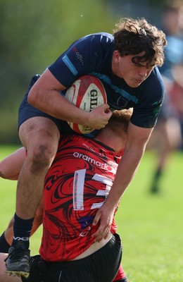 011025 - Ysgol Gyfun Gymraeg Glantaf v Coleg Gwent, WRU Welsh Schools & Colleges league - Efan Jenkins of Ysgol Glantaf takes on Rylie Probert of Coleg Gwent