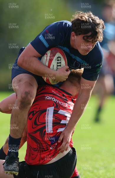 011025 - Ysgol Gyfun Gymraeg Glantaf v Coleg Gwent, WRU Welsh Schools & Colleges league - Efan Jenkins of Ysgol Glantaf takes on Rylie Probert of Coleg Gwent