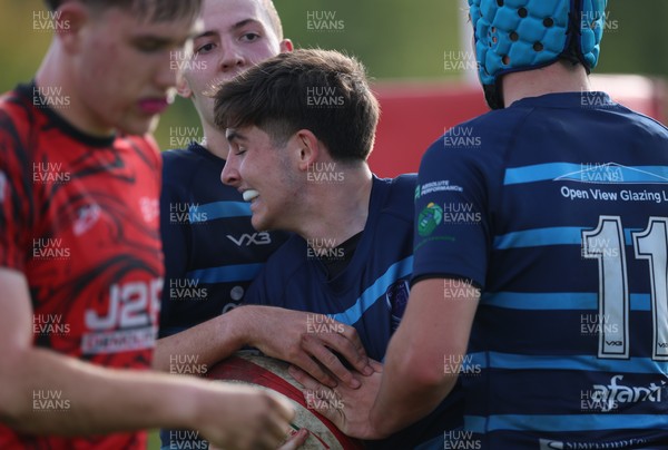 011025 - Ysgol Gyfun Gymraeg Glantaf v Coleg Gwent, WRU Welsh Schools & Colleges league - Evan Jones of Ysgol Glantaf celebrates after he races in to score try