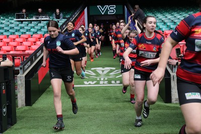 190324 - Ysgol Godre’r Berwyn v Ysgol Bro Dur - WRU Welsh Schools Girls U14 Cup Final - The teams run out