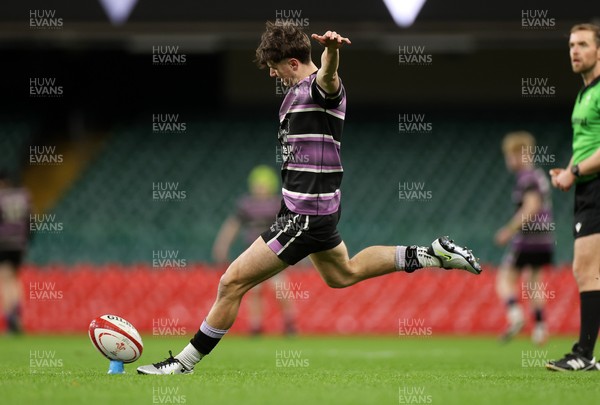 101224 - Ysgol Gyfun Bro Myrddin v Ysgol Gyfun Cwm Rhymni - WSC U18s Champion of Champions - Tomos Lewis of Ysgol Gyfun Bro Myrddin kicks the conversion