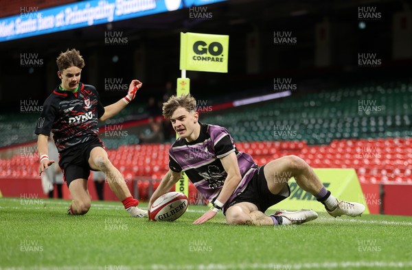 101224 - Ysgol Gyfun Bro Myrddin v Ysgol Gyfun Cwm Rhymni - WSC U18s Champion of Champions - Harry Wrigglesworth of Ysgol Gyfun Bro Myrddin scores a try