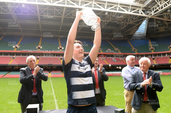 130416 - Ysgol Gyfun Gwyr v Llanishen High- WRU Schools Cup Final -Josua Moore Llanishen High Captain lifts the Cup