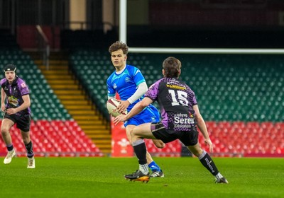 111225 - Ysgol Gymraeg Bro Morgannwg v Ysgol Gyfun Gymraeg Bro Myrddin - U18 Schools and Colleges Champions of Champions - Rhys Muxworthy of Ysgol Gymraeg Bro Morgannwg looks to take on Rhys Jones of Ysgol Gyfun Gymraeg Bro Myrddin