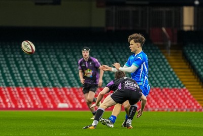 111225 - Ysgol Gymraeg Bro Morgannwg v Ysgol Gyfun Gymraeg Bro Myrddin - U18 Schools and Colleges Champions of Champions - Rhys Muxworthy of Ysgol Gymraeg Bro Morgannwg looks to take on Rhys Jones of Ysgol Gyfun Gymraeg Bro Myrddin