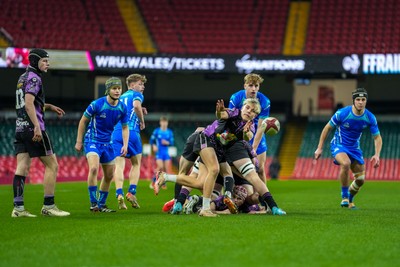 111225 - Ysgol Gymraeg Bro Morgannwg v Ysgol Gyfun Gymraeg Bro Myrddin - U18 Schools and Colleges Champions of Champions - Macs Morgan of Ysgol Gyfun Gymraeg Bro Myrddin passes the ball