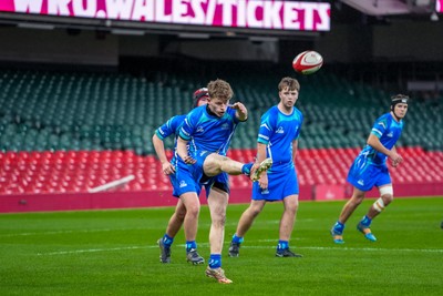 111225 - Ysgol Gymraeg Bro Morgannwg v Ysgol Gyfun Gymraeg Bro Myrddin - U18 Schools and Colleges Champions of Champions - Tomos Provis of Ysgol Gymraeg Bro Morgannwg kicks the ball