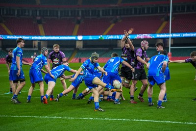 111225 - Ysgol Gymraeg Bro Morgannwg v Ysgol Gyfun Gymraeg Bro Myrddin - U18 Schools and Colleges Champions of Champions - Owen Lewis of Ysgol Gymraeg Bro Morgannwg kicks the ball clear
