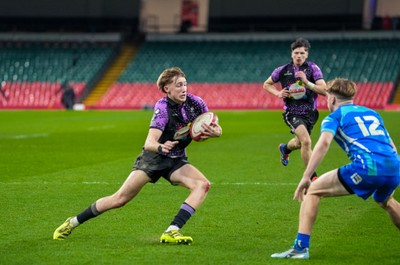 111225 - Ysgol Gymraeg Bro Morgannwg v Ysgol Gyfun Gymraeg Bro Myrddin - U18 Schools and Colleges Champions of Champions - Harri Davies of Ysgol Gyfun Gymraeg Bro Myrddin runs with the ball