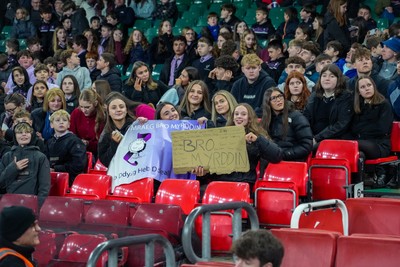 111225 - Ysgol Gymraeg Bro Morgannwg v Ysgol Gyfun Gymraeg Bro Myrddin - U18 Schools and Colleges Champions of Champions - Fans with signs for Ysgol Gyfun Gymraeg Bro Myrddin