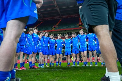 111225 - Ysgol Gymraeg Bro Morgannwg v Ysgol Gyfun Gymraeg Bro Myrddin - U18 Schools and Colleges Champions of Champions - Players of Ysgol Gymraeg Bro Morgannwg form a huddle following the match