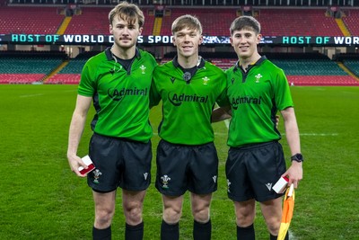111225 - Ysgol Gymraeg Bro Morgannwg v Ysgol Gyfun Gymraeg Bro Myrddin - U18 Schools and Colleges Champions of Champions - Referee and Linesman pose for a photograph following the match