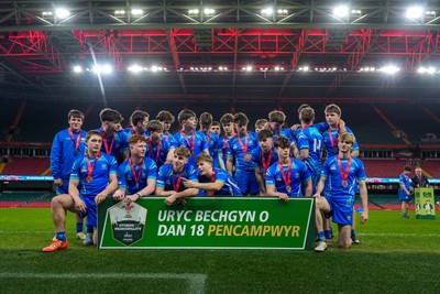 111225 - Ysgol Gymraeg Bro Morgannwg v Ysgol Gyfun Gymraeg Bro Myrddin - U18 Schools and Colleges Champions of Champions - Players of Ysgol Gymraeg Bro Morgannwg pose for a photograph with winners medals following