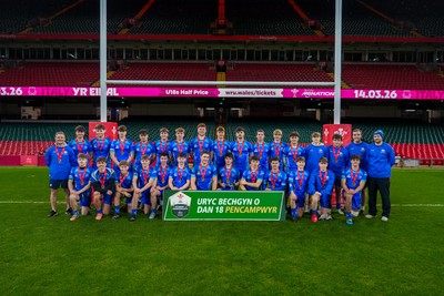 111225 - Ysgol Gymraeg Bro Morgannwg v Ysgol Gyfun Gymraeg Bro Myrddin - U18 Schools and Colleges Champions of Champions - Players of Ysgol Gymraeg Bro Morgannwg pose for a photograph with winners medals following