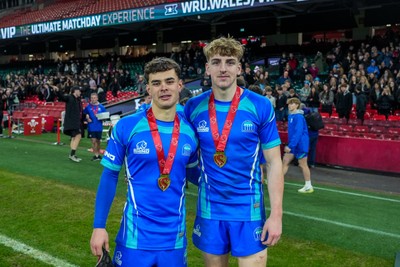 111225 - Ysgol Gymraeg Bro Morgannwg v Ysgol Gyfun Gymraeg Bro Myrddin - U18 Schools and Colleges Champions of Champions - Richie Jenkins and Jack Evans of Ysgol Gymraeg Bro Morgannwg pose for a photo with their winners medals following