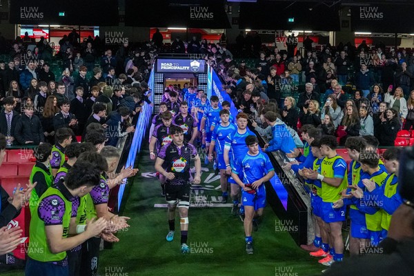 111225 - Ysgol Gymraeg Bro Morgannwg v Ysgol Gyfun Gymraeg Bro Myrddin - U18 Schools and Colleges Champions of Champions - Players of both teams walk out of the tunnel