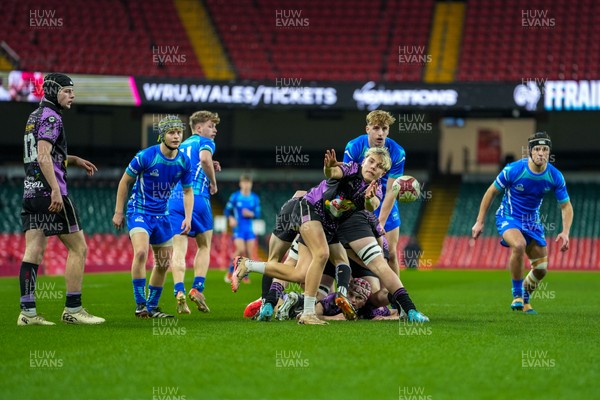111225 - Ysgol Gymraeg Bro Morgannwg v Ysgol Gyfun Gymraeg Bro Myrddin - U18 Schools and Colleges Champions of Champions - Macs Morgan of Ysgol Gyfun Gymraeg Bro Myrddin passes the ball