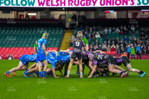 111225 - Ysgol Gymraeg Bro Morgannwg v Ysgol Gyfun Gymraeg Bro Myrddin - U18 Schools and Colleges Champions of Champions - Players of both teams prepare for a scrum