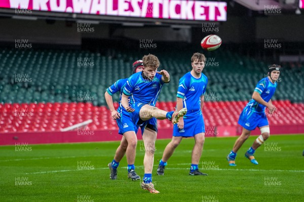 111225 - Ysgol Gymraeg Bro Morgannwg v Ysgol Gyfun Gymraeg Bro Myrddin - U18 Schools and Colleges Champions of Champions - Tomos Provis of Ysgol Gymraeg Bro Morgannwg kicks the ball