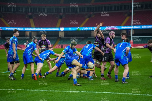 111225 - Ysgol Gymraeg Bro Morgannwg v Ysgol Gyfun Gymraeg Bro Myrddin - U18 Schools and Colleges Champions of Champions - Owen Lewis of Ysgol Gymraeg Bro Morgannwg kicks the ball clear