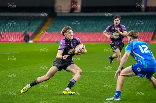 111225 - Ysgol Gymraeg Bro Morgannwg v Ysgol Gyfun Gymraeg Bro Myrddin - U18 Schools and Colleges Champions of Champions - Harri Davies of Ysgol Gyfun Gymraeg Bro Myrddin runs with the ball