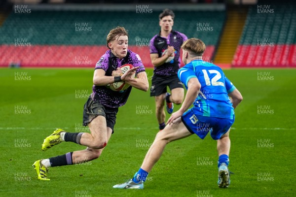111225 - Ysgol Gymraeg Bro Morgannwg v Ysgol Gyfun Gymraeg Bro Myrddin - U18 Schools and Colleges Champions of Champions - Harri Davies of Ysgol Gyfun Gymraeg Bro Myrddin runs with the ball