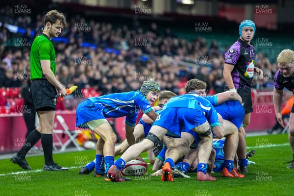 111225 - Ysgol Gymraeg Bro Morgannwg v Ysgol Gyfun Gymraeg Bro Myrddin - U18 Schools and Colleges Champions of Champions - Owen Lewis looks to pass the ball