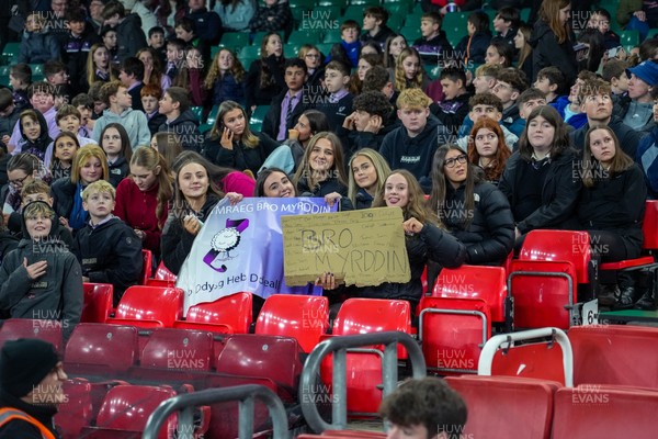 111225 - Ysgol Gymraeg Bro Morgannwg v Ysgol Gyfun Gymraeg Bro Myrddin - U18 Schools and Colleges Champions of Champions - Fans with signs for Ysgol Gyfun Gymraeg Bro Myrddin