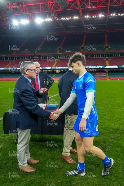 111225 - Ysgol Gymraeg Bro Morgannwg v Ysgol Gyfun Gymraeg Bro Myrddin - U18 Schools and Colleges Champions of Champions - Rhys Muxworthy is given his winners medal following