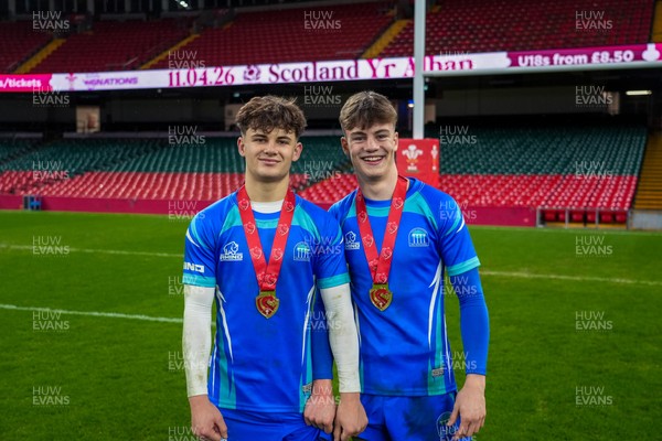 111225 - Ysgol Gymraeg Bro Morgannwg v Ysgol Gyfun Gymraeg Bro Myrddin - U18 Schools and Colleges Champions of Champions - Rhys Muxworthy  of Ysgol Gymraeg Bro Morgannwg (L) and teammate pose for a photo following 