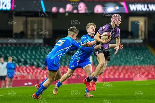 111225 - Ysgol Gymraeg Bro Morgannwg v Ysgol Gyfun Gymraeg Bro Myrddin - U18 Schools and Colleges Champions of Champions - Harri Davies of Ysgol Gyfun Gymraeg Bro Myrddin gathers the ball