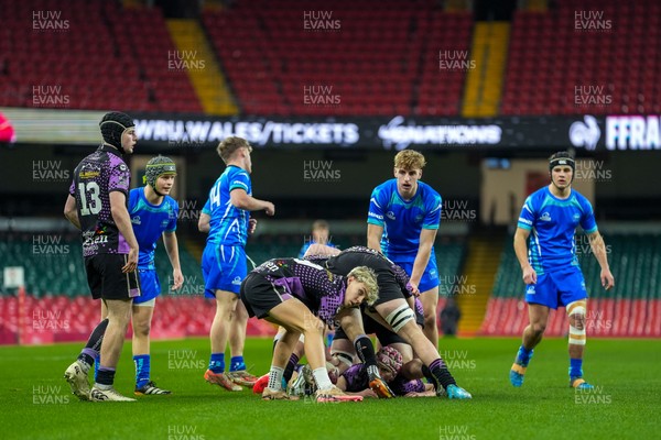 111225 - Ysgol Gymraeg Bro Morgannwg v Ysgol Gyfun Gymraeg Bro Myrddin - U18 Schools and Colleges Champions of Champions - Macs Morgan of Ysgol Gyfun Gymraeg Bro Myrddin looks to pass the ball