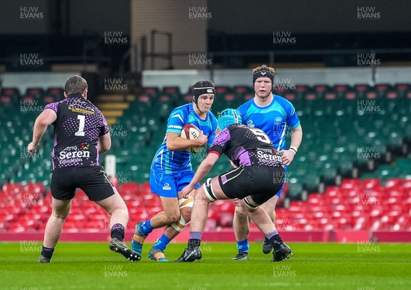 111225 - Ysgol Gymraeg Bro Morgannwg v Ysgol Gyfun Gymraeg Bro Myrddin - U18 Schools and Colleges Champions of Champions - Elian Davies of Ysgol Gymraeg Bro Morgannwg is tackled by Garan Phillips of Ysgol Gyfun Gymraeg Bro Myrddin