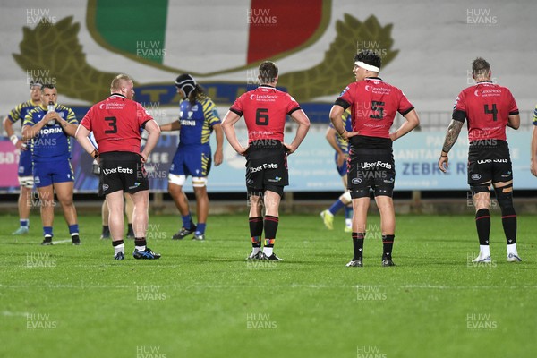 240323 - Zebre Parma v Cardiff Rugby - United Rugby Championship - Keiron Assiratti, Shane Lewis-Hughes, Teddy Williams and Josh Turnbull of Cardiff