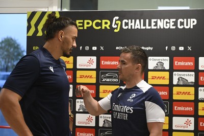 110426 - Zebre Parma v Dragons RFC - EPCR Challenge Cup Quarter Final - Leonardo Krumov of Zebre with referee Luke Pearce for the coin toss
