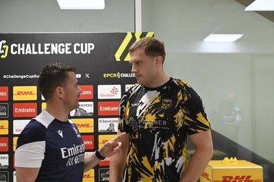 110426 - Zebre Parma v Dragons RFC - EPCR Challenge Cup Quarter Final - Ben Carter of Dragons with referee Luke Pearce for the coin toss