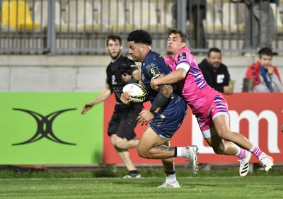 110426 - Zebre Parma v Dragons RFC - EPCR Challenge Cup Quarter Final - Fetuli Paea of Dragons is tackled