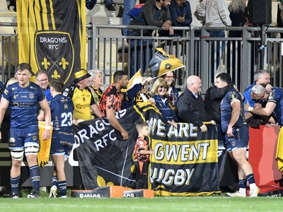 110426 - Zebre Parma v Dragons RFC - EPCR Challenge Cup Quarter Final - Dragons players celebrate their victory with fans